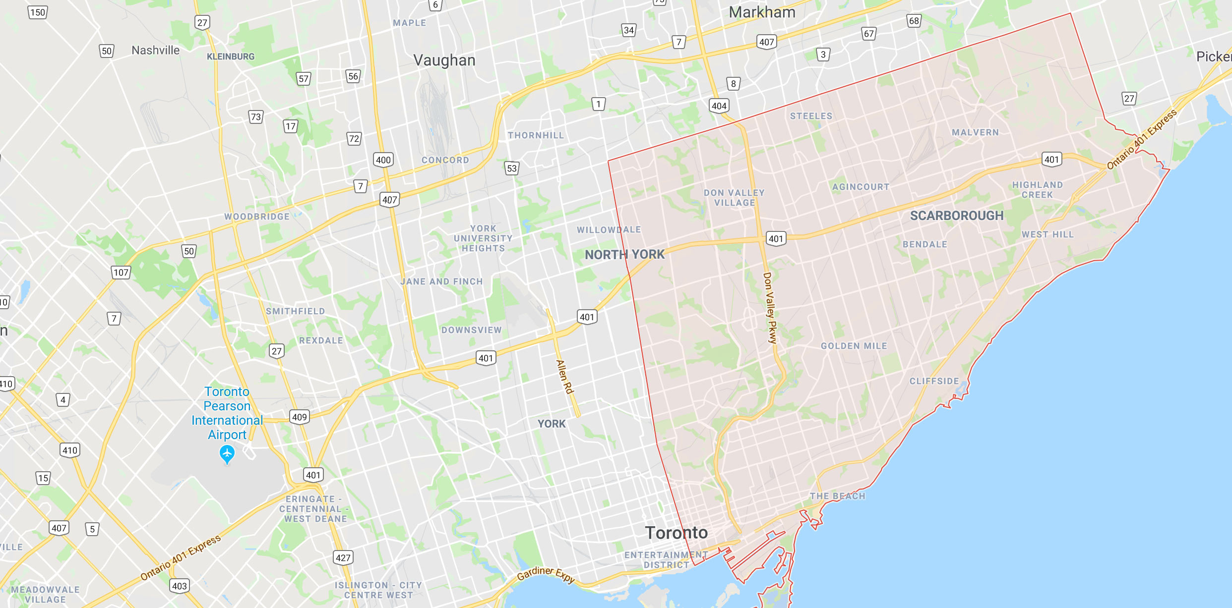 Map showing east Toronto, with Yonge Street as the western border