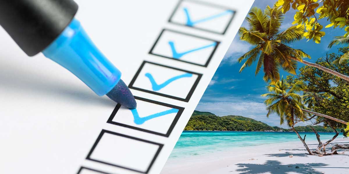 Marker checking off a Winter Vacation Home Checklist with a tropical beach in the background